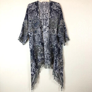 Soft Surroundings Emory Navy Boho Open Front Embroidered Cardigan Small/Medium